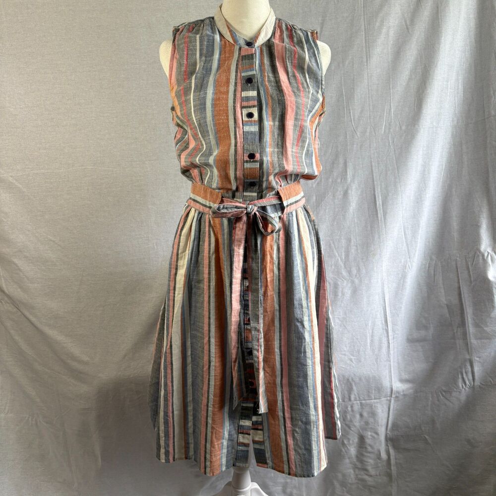 Meadow & Rose Striped Cotton Midi Dress S Button Front Belted Made India